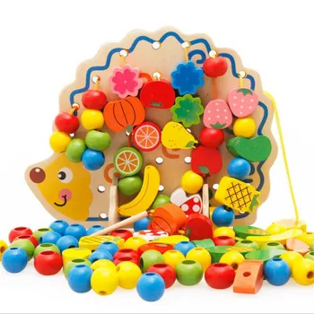 82Pcs Dřevěné Ovoce Zelenina Šněrování Navlékání Korálků Hračky S Ježek Deska Montessori Vzdělávací Hračky Pro Děti, Děti Dárek