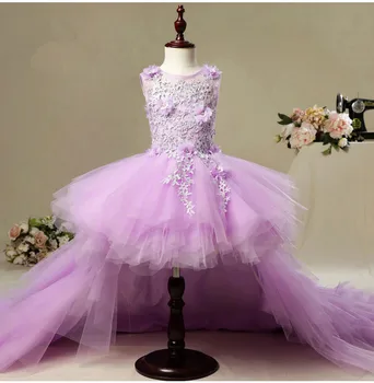 Elegantní Dlouhé Koncové Nášivky První Přijímání Šaty Purple Tyl plesové Šaty Děti Pageant Šaty, Květina Dívka Šaty pro Svatby