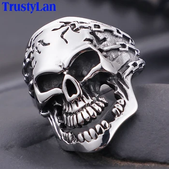 Punk Rock Skull Ring Muži Gothic, Biker Šperky Příslušenství Solid Vintage Stříbrné Barvy z Nerezové Oceli Pánské Prsteny Muž TrustyLan