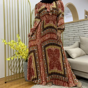 Nový Elegantní Hedvábný Satén Dlouhý Rukáv Tisk Šaty Skládaný Maxi Šaty Satén Šaty Zábal Pasu Turecko Módní Islámské Španělsko Ženy