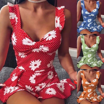 Sexy Květinové Tisk Nabíranou Lem Šaty Ženy 2020 Léto S Hlubokým Výstřihem Bez Rukávů Mini Popruhy Šaty Sexy Slim Bodycon Party Mini Šaty