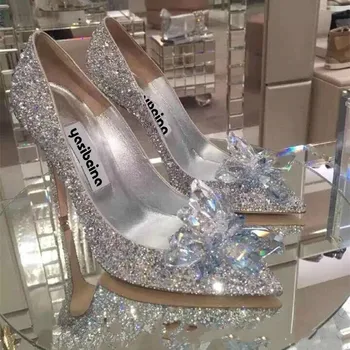 Nová Popelka Crystal Boty, Podpatky, Ženy, Špičaté Sexy nevěsta boty Dámské Vysoké Podpatky Ženy Stříbrná Drahokamu Svatební Boty