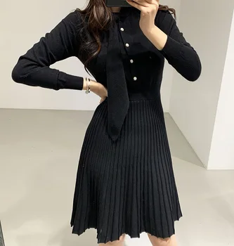 Skládaný Svetr, Pletené Šaty a-Line Dlouhý Rukáv Mini Sukienka Zimní Bílá Vintage Elegantní Černé Kancelář Růžové korejský Podzim 2020