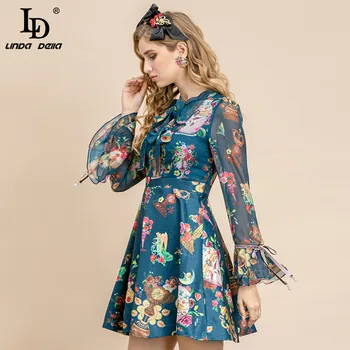LD LINDA DELLA Podzimní Módní přehlídky Mini Šaty Ženy Dlouhý rukáv Vysokým pasem Flower print Šifon Vintage Šaty Vestidos
