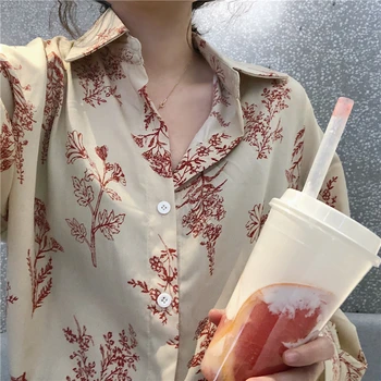 2020 nové módní ležérní dlouhý rukáv retro slim fit volné single-breasted tričko wild tištěné tričko límcem květinové tričko