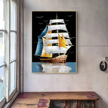 Plachetnice Golden boat Wall Art Plátně, Plakáty a Tisky Umění Nástěnné Obrázky pro Obývací Pokoj Domácí Výzdoba (Bez Rámečku)