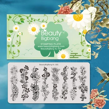 Beautybigbang Nehty Lisování Desky Set 4 KS S Bezplatným pilník na Nehty Květina, Přírodní Rostliny Tisk Obrázku z Nerezové Oceli Umění Šablony