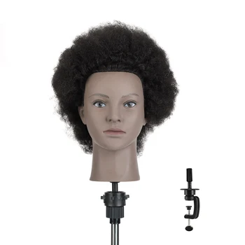 Skutečné Lidské Vlasy Afro Školení Vedoucí Kosmetologie Manekýn Hlava s Vlasy Kadeřnické Praxe Figuríny Hlava Černá a Svorky