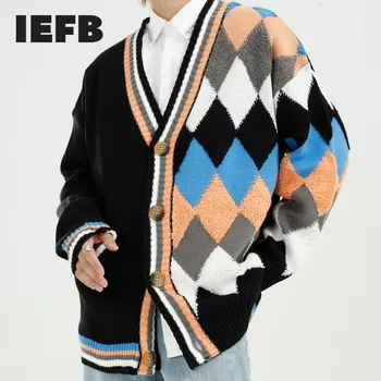 IEFB pánské oblečení podzim zima 2020 nový korejský volné diamant barevný blok pletený svetr svetr kabát pro muže nadrozměrných 9Y4604