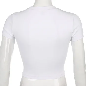 ALLNeon Harajuku Žebrované Těsné Tisk Crop Topy O-neck Krátký Rukáv Hubená Bílá trička Vintage Y2K Letní Topy Streetwear