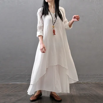 Podzimní Vintage Volné Šaty Ležérní Literatury, Umění Nepravidelné Sukně Bavlněné Povlečení Maxi Šaty Bílé M