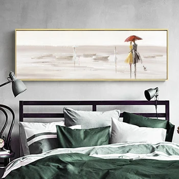 Abstraktní Bílé Moře Pláž Pár Hraní Deštník Krajina, Plátno, Malování Plakátů a Tisk Cuadros Wall Art Obraz Domova