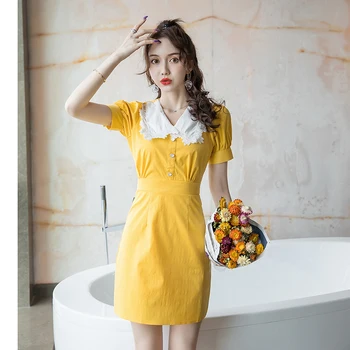 COIGARSAM francouzský Styl Dámské jednodílné šaty korejské Nové Letní V-Neck Šaty Žluté 950