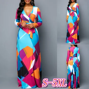 Geometrie Tisk Šaty Ženy Letní Podzimní 2020 Sexy Hluboko V Krku Obvaz Plesové Šaty Maxi Šaty Ležérní Plus Velikost Dlouhé Večerní Šaty