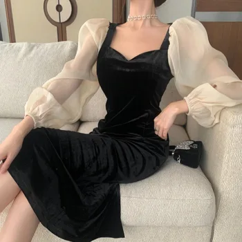 Elegantní francouzský styl Slim Sametové šití Šaty ženy v-neck puff sleeve Fashion Lady Party šaty