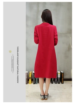 2020 Léto Podzim Módní Ženy Oblečení Volné Šaty Národního Stylu Zelená Červená Tištěné Dlouhý Rukáv Bavlněné Prádlo Šaty Žena