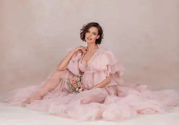 Krásné Růžové Dlouhé Tyl Družička Těhotenské Šaty Sexy Vidět Přes Svatební Šaty, Noční Šaty Couture Těhotenské Šaty 2021 Ženy
