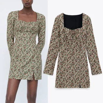 Za 2020 Africké Šaty Ženy Vintage Květinové Tisk Mini Šaty Ženy Letní Šaty Dlouhý Rukáv Skládaný Krátké Dámy Límec Šaty