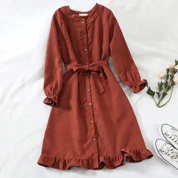 Šaty Ženy Módní Červené Volné Měkké Vysoce Kvalitní Kawaii Korean Style O-Neck Solid Dámské Elegantní Dlouhý Rukáv Oblečení Pro Volný Čas, Elegantní