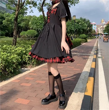 Japonské Sladké Darkt Víla Černé Pasu Dolů Mori Holčičí Ženy Šaty 2020 Letní Cute Bow Tie Krajky Volánky Party Šaty Vestidos