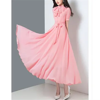 2020 Korean letní nový elegantní módní cheongsam lepší jednobarevné jednoduché temperament dlouhý švih šifon šaty