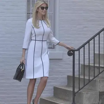 Lvanka Trump ženy Geometrické šaty móda O-neck bílé pevné-Line šaty