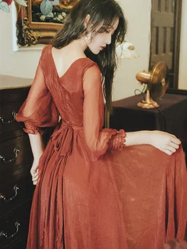 YOSIMI 2019 Podzim Ženy Šaty Červené Víno Polyester Mid-tele Šaty V-Neck Dámské Šaty Midi Fit a Odlesk Vintage Šaty