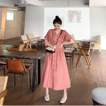 2020 Letní Módní Ženy Šaty Vintage Lim Pruhovaný Pas Tlačítko Přední V-Neck Midi Šaty Retro Košili Sváteční Šaty Vestidos