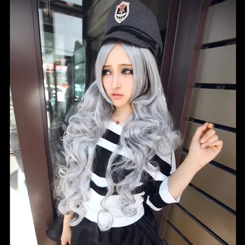 Vysoce Kvalitní Anime Harajuku Lolita Stříbrné Šedé Dlouhé Kudrnaté Cosplay Paruka Syntetické Vlasy Halloween Kostým Party Paruky Pro Ženy