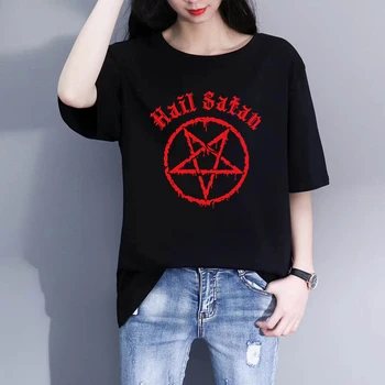 Hail Satan S Červenou Pentaclered Grafické Tričko Harajuku Korejský Styl Top Tees T Košile Ženy Ullzang Funny T-Košile