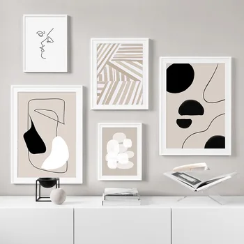 Abstraktní Geometrické Vzorek Čáry Béžové Černé Plátno Malba, Moderní Plakát Tisk Wall Art Obrázky pro Obývací Pokoj Domácí Dekor