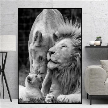Africké Černé a Bílé Divoké Lvi Rodiny Plátno Plakáty a Obrazy Zvířat, Otisky Umění Nástěnné Obrázky pro Obývací Pokoj Dekor