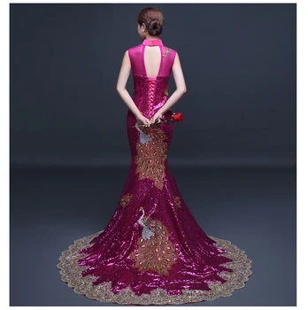 Červené Flitry cheongsam Fishtail Šaty bling Krystaly Dlouhé Koncové jednoho kusu šaty, Formální prom zpěvák kostýmy, Party Jevištní Oblečení