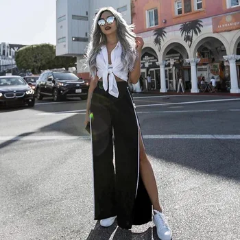 Fanco 2020 Podzim Nové Streetwear Černá Široké Nohy Rovně Casua Ženy Módní Volné Split Lady Kalhoty Vintage Vysokým Pasem Kalhoty
