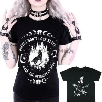 Gotické Fáze Měsíce Čarodějnictví Kočka Tištěné Ženy Harajuku T-Košile Krátký Rukáv Ženy Topy Volné Letní Tričko