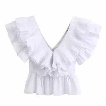 Nové Ženy solid v neck skládaný volánky neformální bílá halena halenka dámské elegantní motýl rukáv popelín femininas tričko topy LS6380