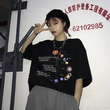 Fashionshow-JC Ženy Solární Systém T-Shirt Korean Módní Nadrozměrné Tee Bokovky Stylu Grunge Košile