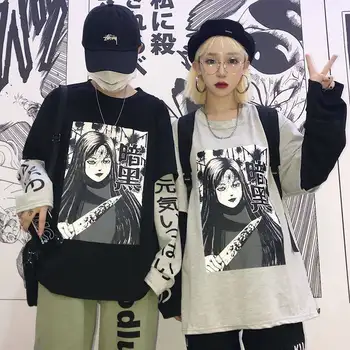 Japonsko Harajuku Černá Šedá Hip Hop T-košile Muži Ženy 2020Spring Falešné Dva Piec Dlouhý Rukáv Volné Tričko Cool Kreslený T košile