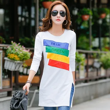 Nové módní dlouhé tričko ženy dlouhý rukáv straně split t-shirt podzim 2020 vyšívat zimní základě bílé tričko ženy bavlněné topy