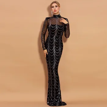 HF Doprava Zdarma Plus Velikosti S-XL Maxi Šaty Sexy Vestidos Módní Celebrity Večerní Party Šaty Ženy Elegantní Dlouhé Černé Šaty