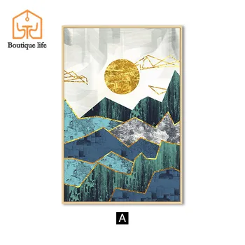 Nástěnné obrázky pro Obývací pokoj plátně obraz nordic abstraktní geometrické horské krajiny umění zdi obraz zlaté slunce plakát