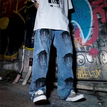Anime vysokým pasem kalhoty dámské džíny tepláky širokou nohu rovně plus velikost ležérní streetwear kalhoty pár Kotník-Délka