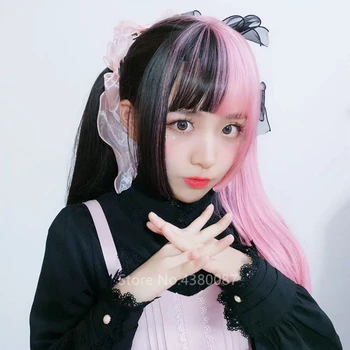 Japonské Anime Bílá Černá Růžová Paruka Halloween Dvě Barevné Dlouhé Vlasy Cosplay Kostýmy Dívky Ženy Stage Party Rekvizity Kawaii Pokrývky Hlavy