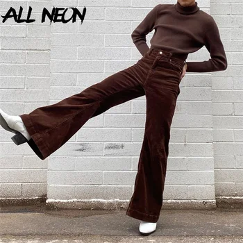 ALLNeon 90. let Streetwear Vysokým Pasem Manšestrové Světlice Kalhoty Vintage Solidní Pytlovité Dlouhé Kalhoty Y2K Estetiky Indie Oblečení, Móda