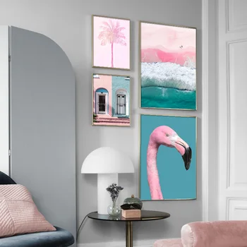 Růžový Kokosový Strom, Větrný Mlýn Flamingo Nástěnné Umění Malířské Plátno Nordic Plátno, Plakáty A Tisků, Nástěnné Obrázky Pro Obývací Pokoj