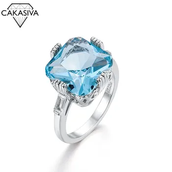 Ženy 925 Silver Light Sea Blue Topaz Náměstí Diamond Akvamarín Zásnubní Prsten Svatební Dar Šperky