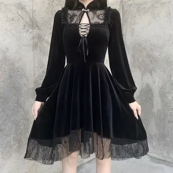 Černé Gothic Šaty Ženy Podzim Zima Vintage Retro Krajky Mini Šaty Ženské Hepburn High Street Party Noční Šaty Ženy 2020 Nové