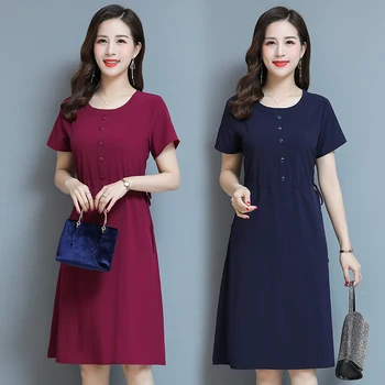 Nové Ženy Letní Šaty Elegantní Pevná Vintage Šaty 2020 Příležitostné O-Neck Slim-line Krátký Rukáv Šaty Plus Velikost Vysoká Kvalita
