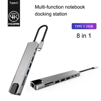 Type-C Hub Dokovací Stanice Přenosný Multifunkční 8 v 1 USB 3.0, HDMI, RJ45 PD USB Notebook pro Apple Mac Laptop Nabíjení Univerzální
