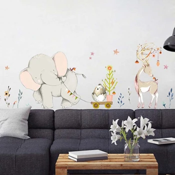 Kreslené Lesní Květ Slon, Králík, Žirafa Zvířat Samolepky Na Zeď Dětský Pokoj Dekorace Vinylové Tapety Dětské Ložnice Zeď Obtisky